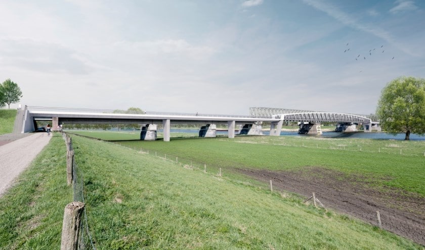 Fietsbrug Cuijk-Mook gezien vanaf Cuijk (artist impression van Quist Wintermans Architekten)